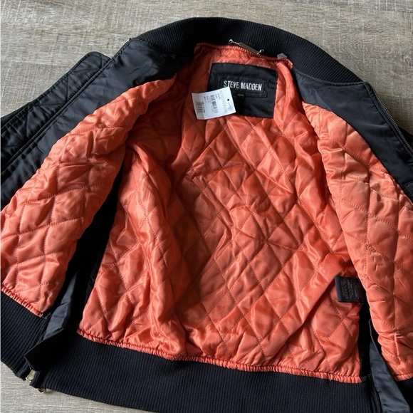 Steve Madden Satin Bomber Jacket Women’s XS black Quilted lines Military Y2K New - Picture 11 of 13